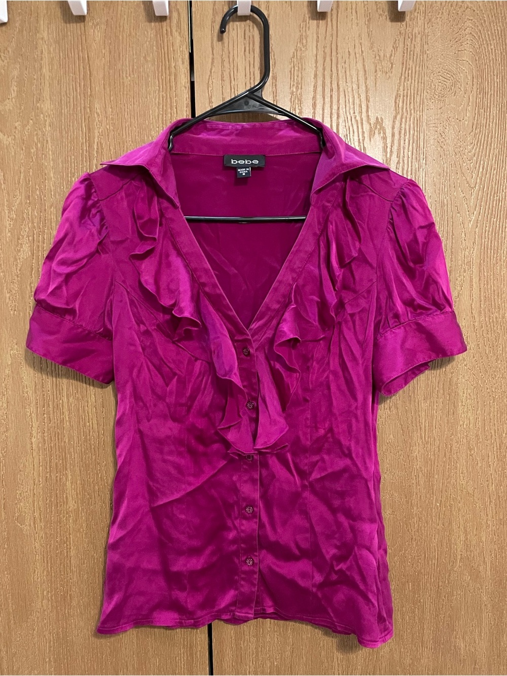 Bebe magenta, silk ruffled blouse